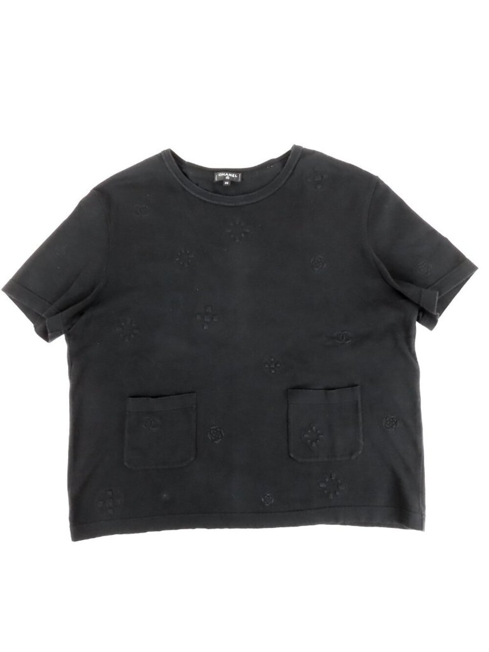 Chanel Top Black Cotton CC Logo Camellia Short Sleeve Top 38